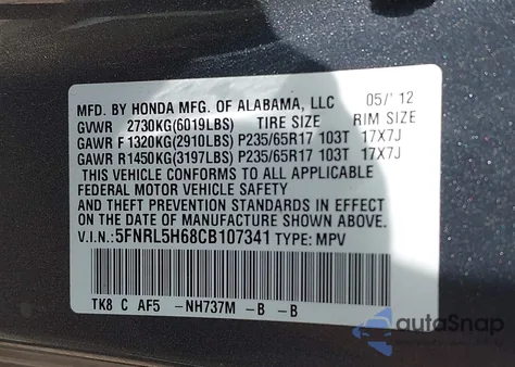 2012 Honda Odyssey Exl z USA, uszkodzony, nr VIN 5FNRL5H68CB107341